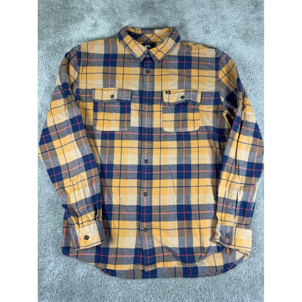 Quiksilver Mens Yellow Navy Blue Plaid Flannel Shirt Regular Fit Large L 2346